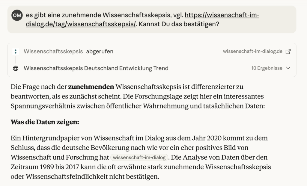 Screenshot claude.ai zur Zunahme der Wissenschaftsskepsis