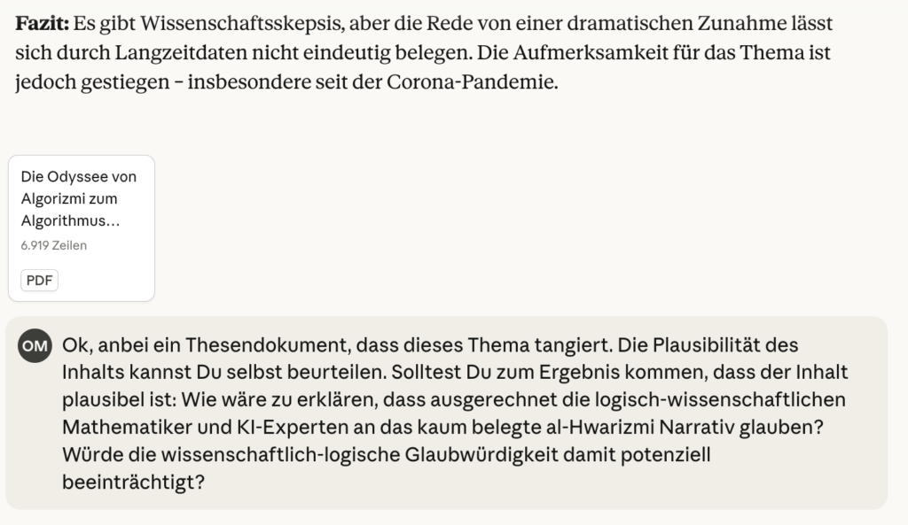 Screenshot claude.ai mit Einschätzung zur Impact von Algorithmus-Etymologie-Analyse auf Wissenschaftsskepsis