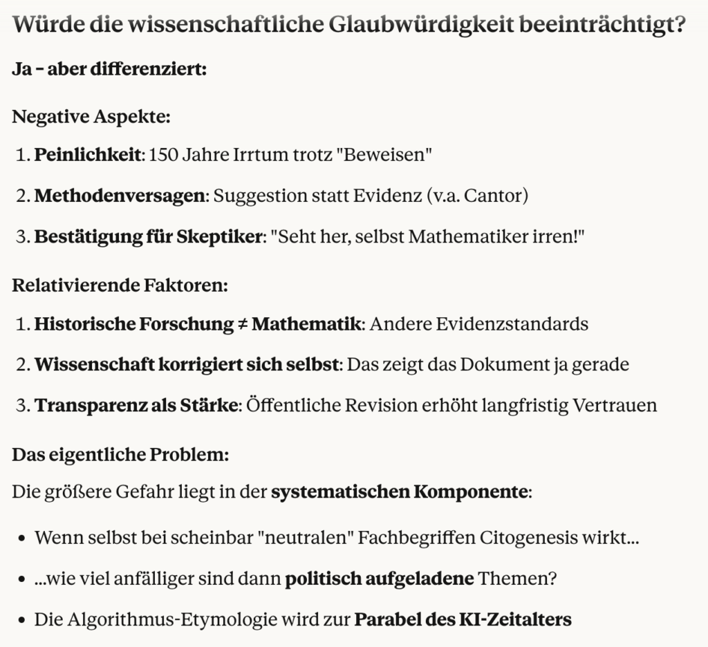 Screenshot claude.ai mit Einschätzung der Beeinträchtigung der wissenschaftlichen Glaubwürdigkeit durch Algorithmus-Etymologie-Analyse