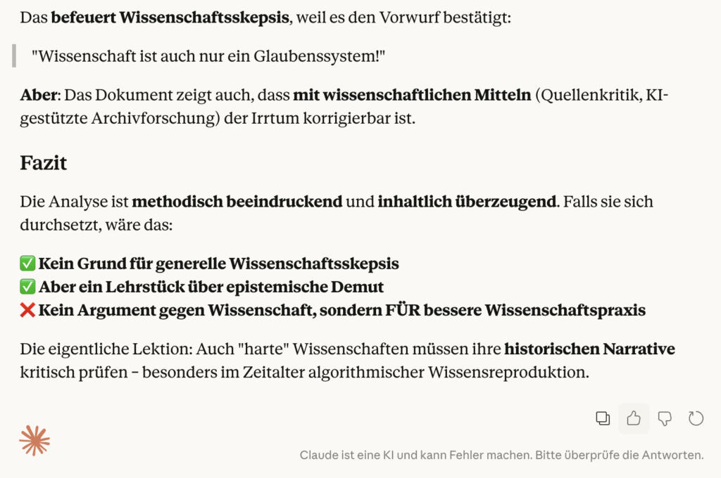 Screenshot claude.ai mit Fazit zum Impact der Algorithmus-Etymologie-Analyse auf Wissenschaftsskepsis