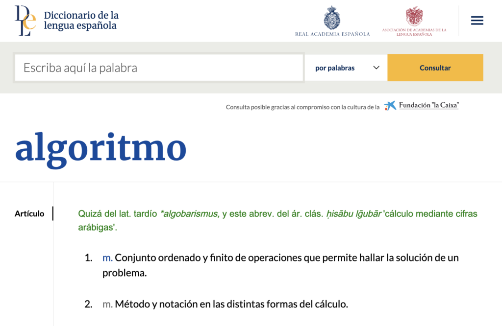 Eintrag des Wortes "algoritmo" im Wörterbuch der spanischen Sprache. Neuste Version 23.8.1 vom 15. Dezember 2025
